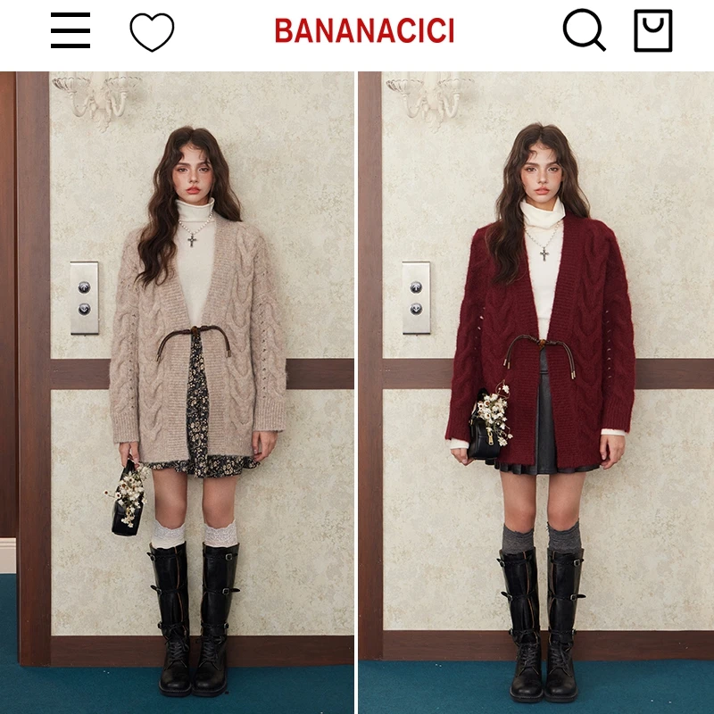 BANANA CICI2024年冬季新款复古牛角扣安可拉红中长麻花开衫毛衣