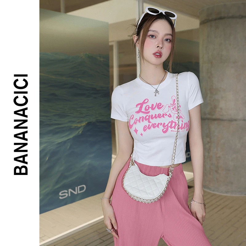 BANANA CICI2023夏季新款原创卡通兔子印花辣妹短款T恤女辣妹上衣