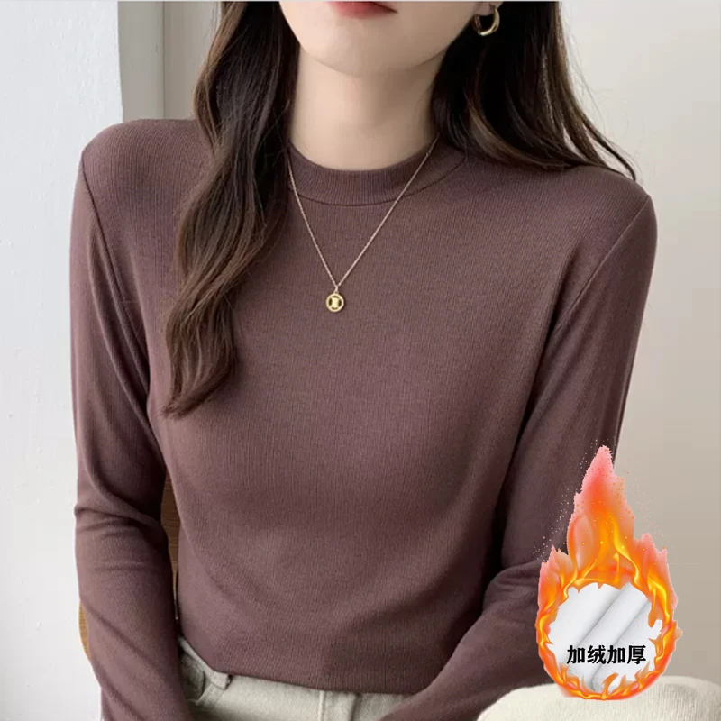 加厚加绒2023秋冬新款半高领纯色百搭保暖显瘦打底衫女长袖t恤
