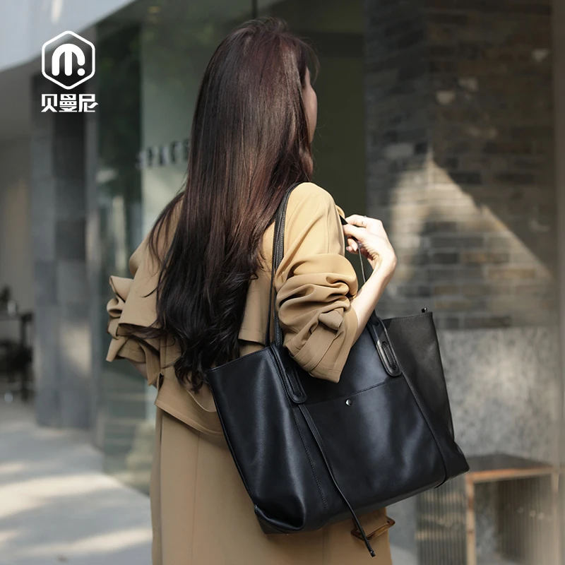 新款黑色托特包气质简约真皮软单肩大包通勤百搭大容量斜挎包