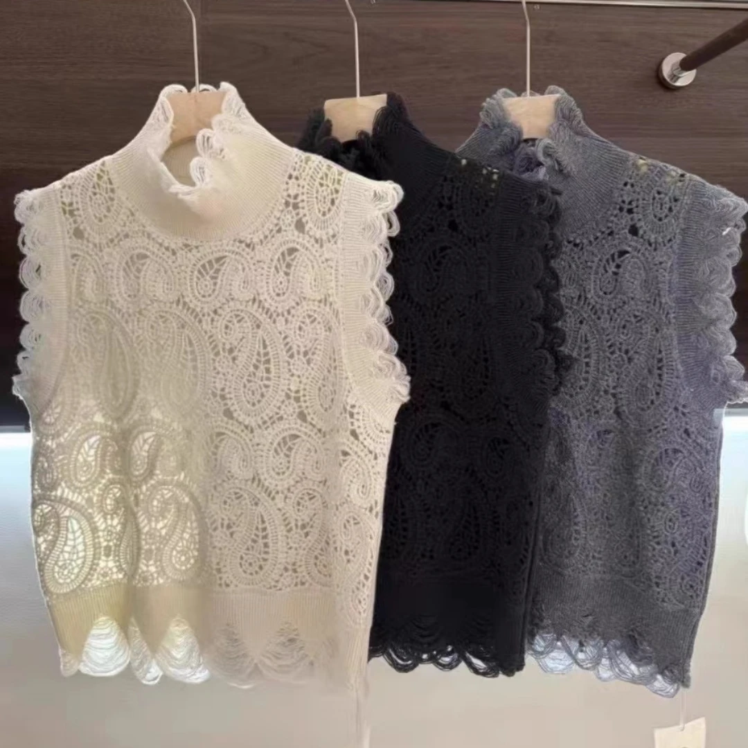 百搭钩花羊绒套头针织衫无袖背心女