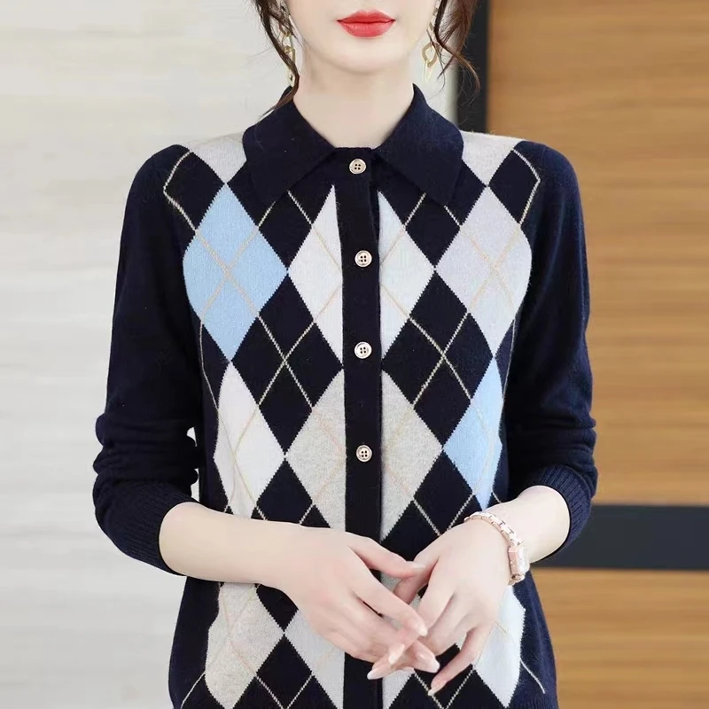 时尚菱形格子气质开衫女士澳洲羊毛衣衫