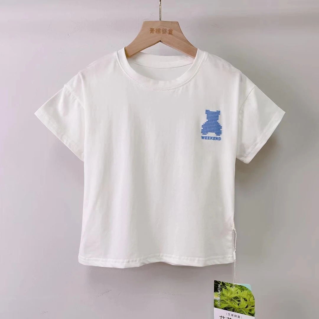 田雨儿童夏季圆领短袖上衣小白T恤 202301 蓝色小熊