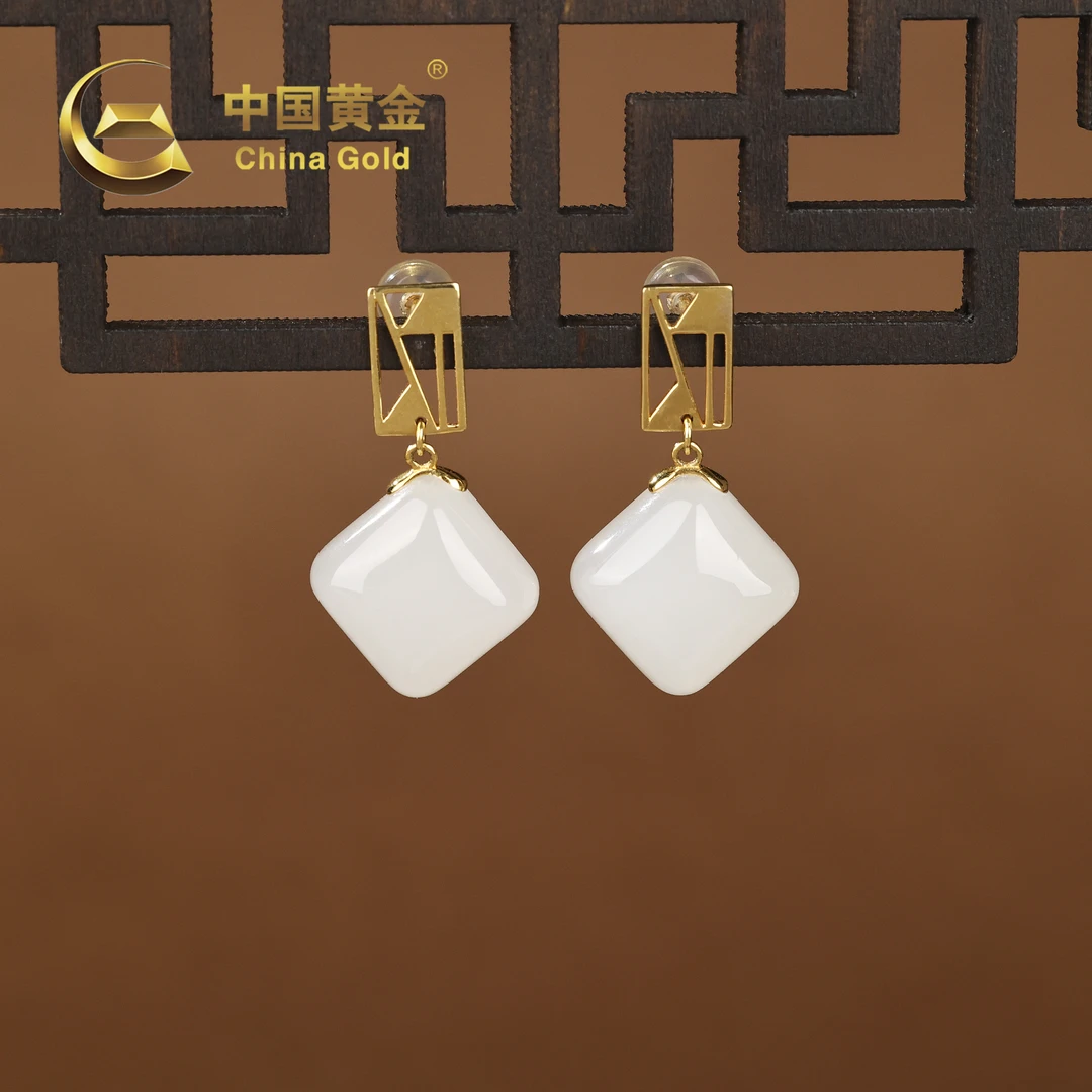 【中国黄金】糖雪 | 和田玉*耳饰*18K金镶嵌-R731-Y
