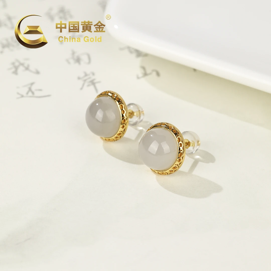 【中国黄金】S925银和田玉烟紫蛋面耳钉-R735-【北】