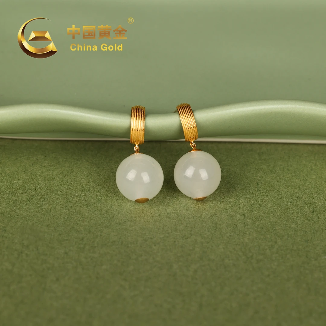 【中国黄金】沁醇 | 和田玉*耳饰*18K金镶嵌-R951-Y
