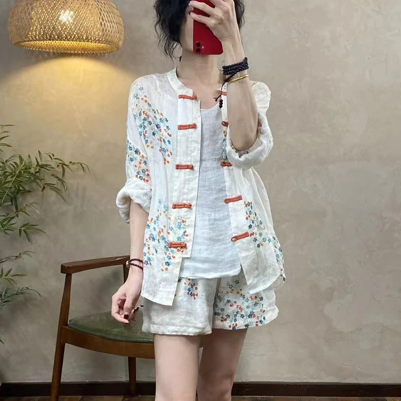 喜卓--柿柿如意夏日新款超美小碎花圆领盘扣防晒长袖苎麻短裤套装