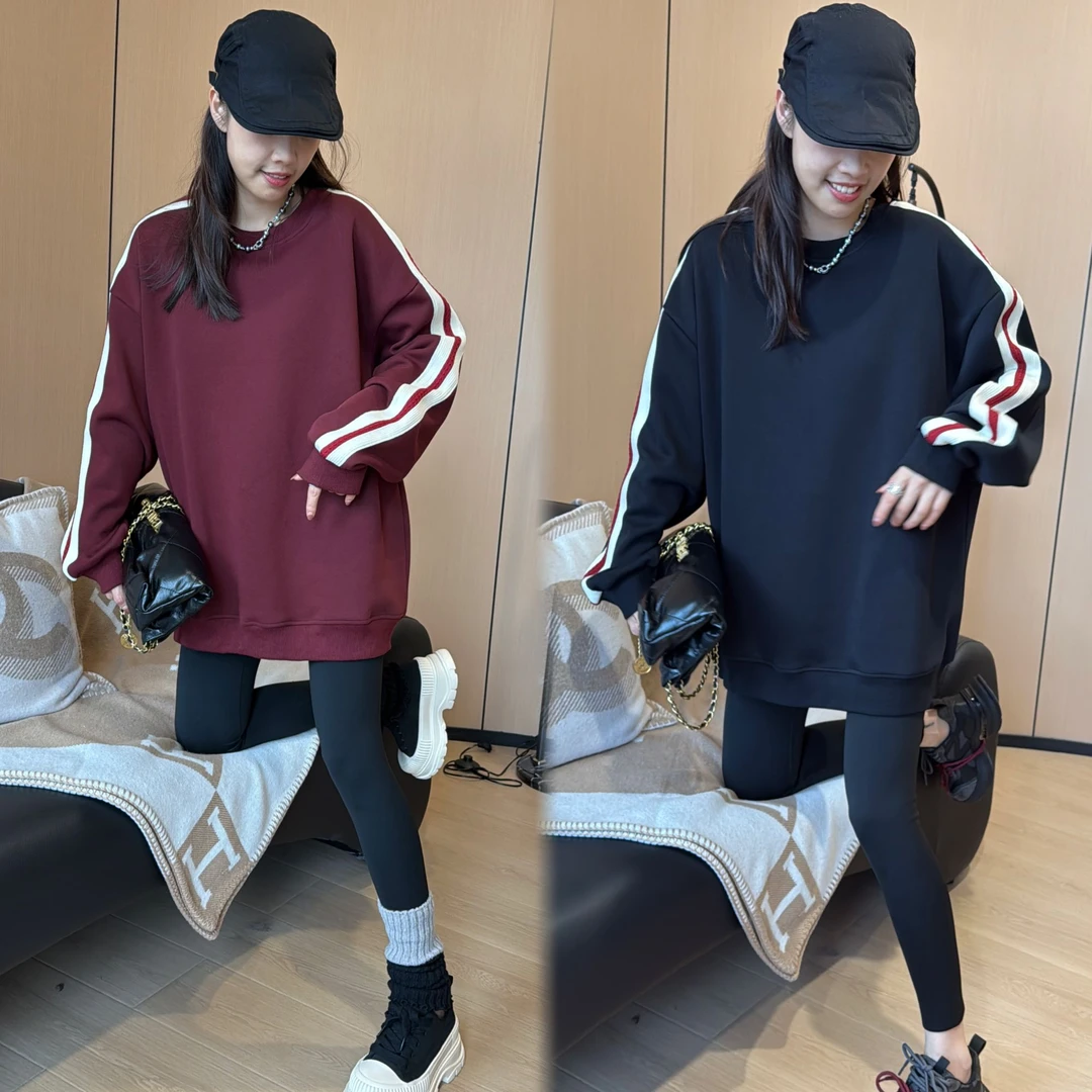 二姐的宝藏秋冬新款条纹圆领韩版三条杠百搭加绒长袖卫衣#24349