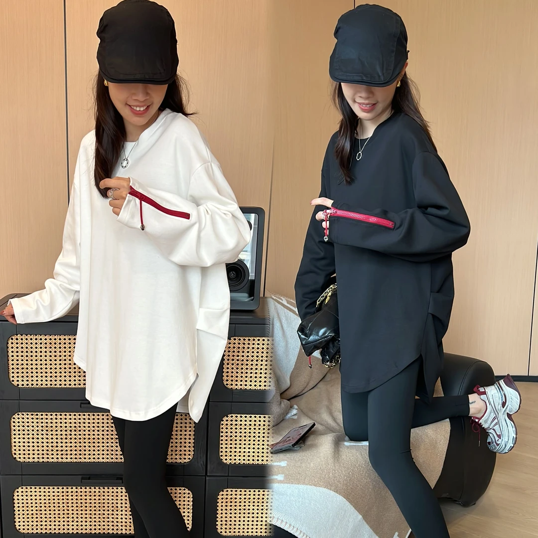 二姐的宝藏早秋袖口拉链定制卫衣长袖时尚休闲百搭显瘦T恤#24299