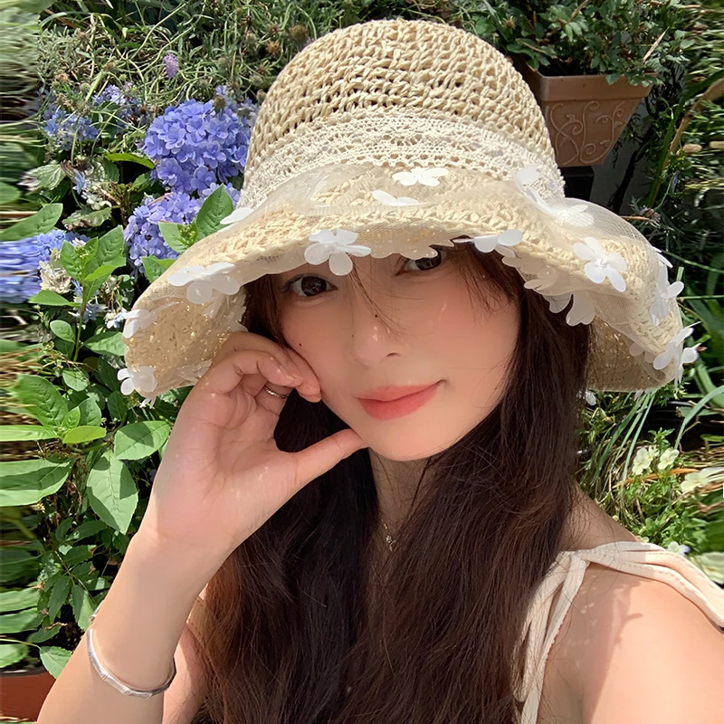 花朵蕾丝女海边度假滩透气镂空遮阳防晒时尚洋气女款帽子bbz