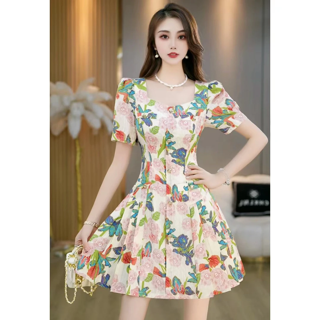 夏季法式方领茶歇印花收腰显瘦a字连衣裙 B5270