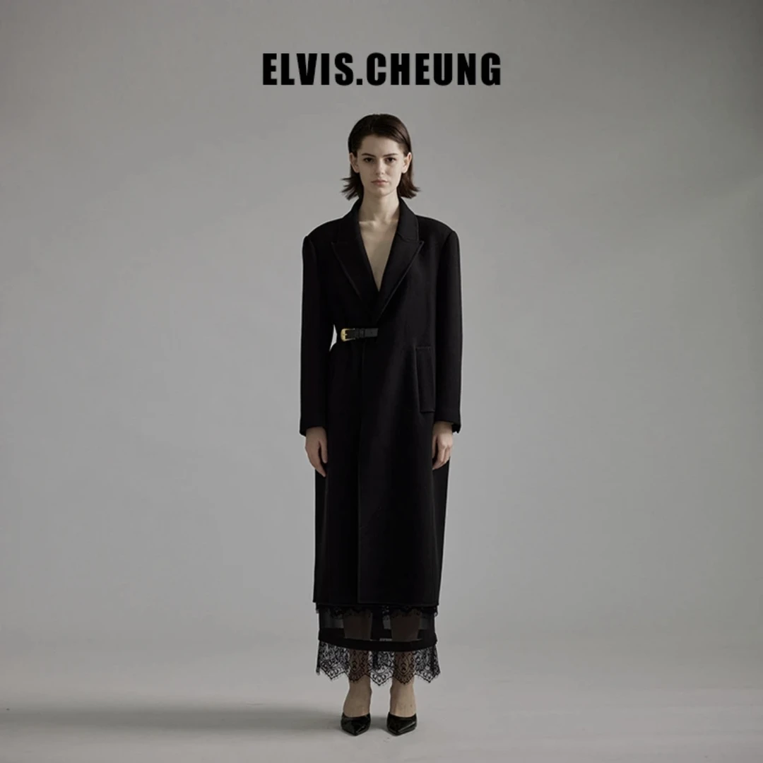 蒋云開運24秋冬新品设计感简约时尚双面呢枪驳领长款大衣