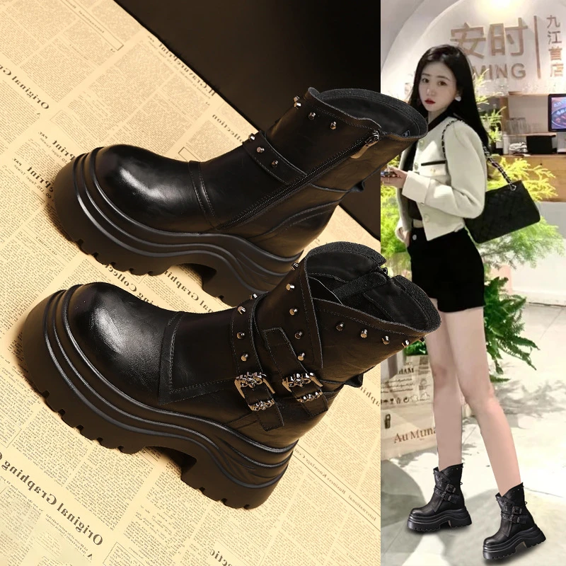 【红姐推荐】内增高10CM厚底机车马丁靴子女2024秋软底短靴9936-39L