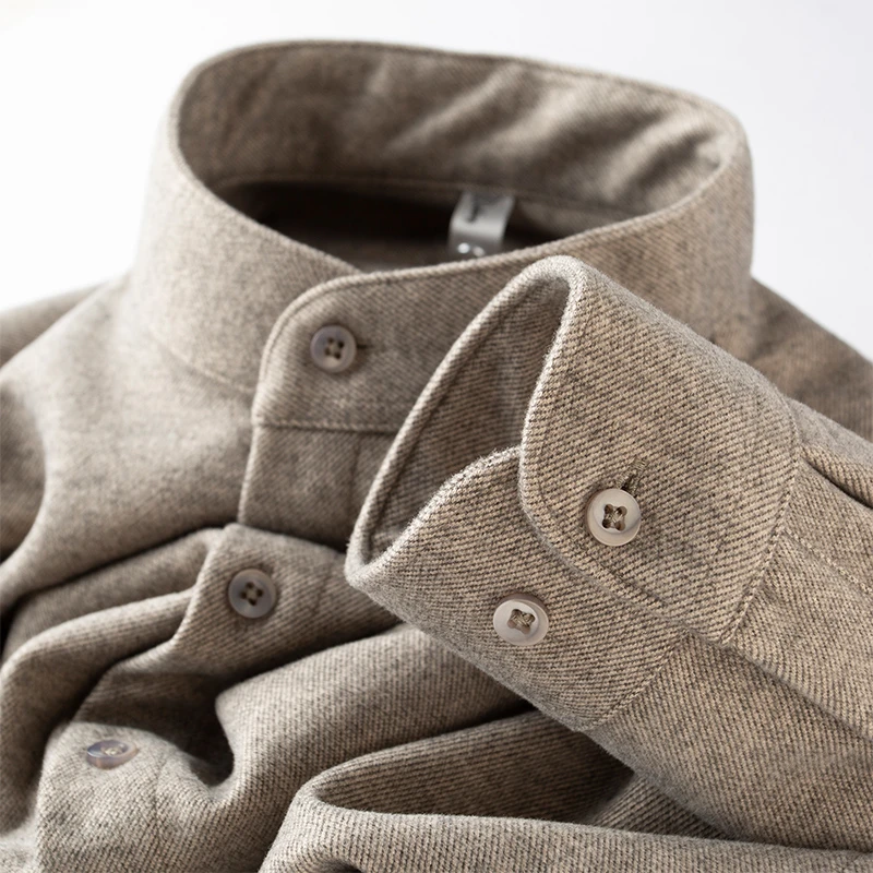 高级感满满~棕色磨毛呢料衬衫男士修身秋冬厚款休闲中山领衬衣男