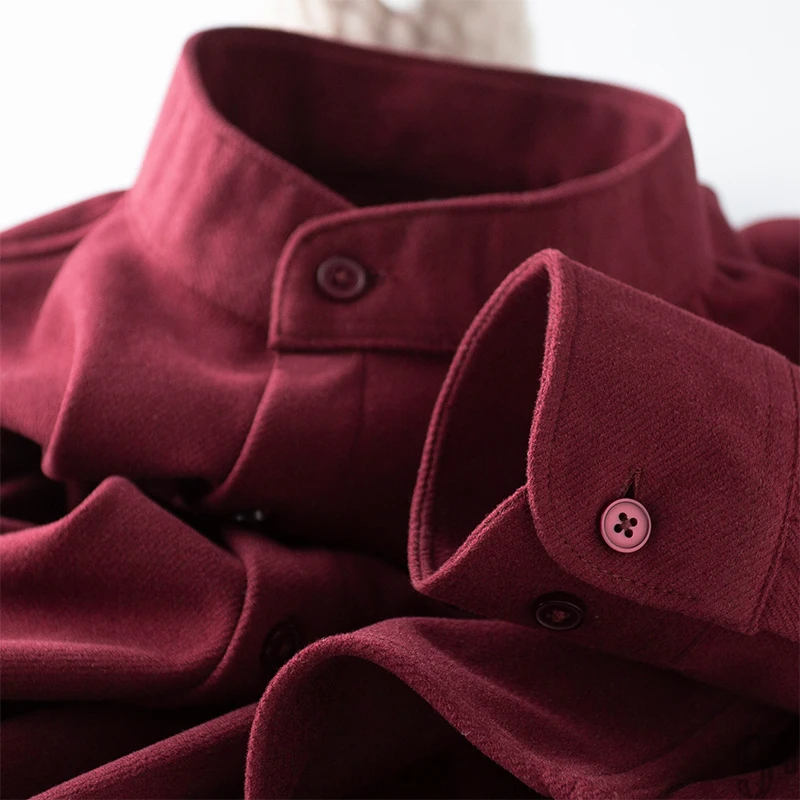 安可拉红色高级感!保暖毛呢中山立领法式衬衫男长袖修身冬季厚款