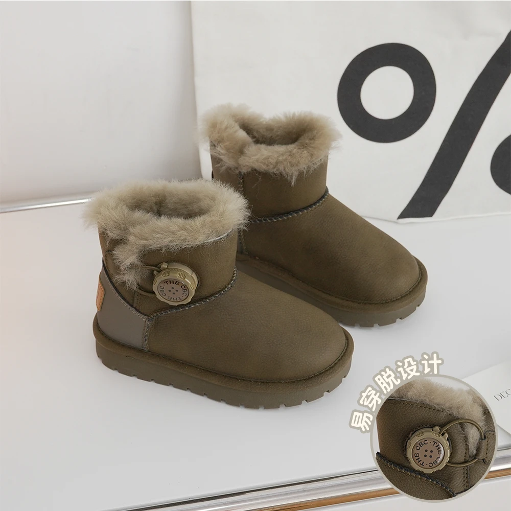 woo专属 儿童雪地靴239089冬新款旋转扣高帮男女童绒牛皮加厚