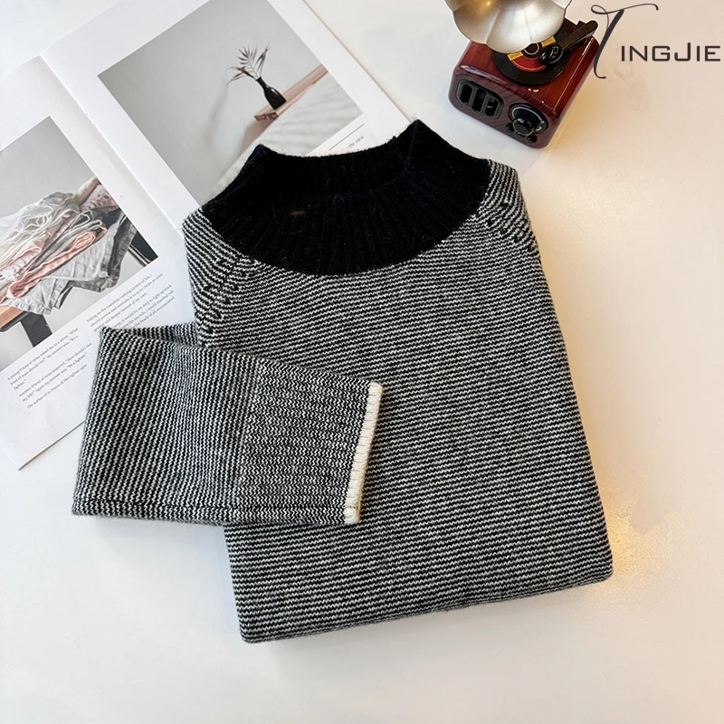 【布拉格】【100%羊毛】黑白拼色加厚时尚洋气休闲百搭针织毛衣B1709