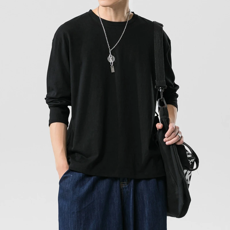 黑色230克重纯色长袖重磅纯棉长袖T恤圆领打底衫上衣男士百搭1205