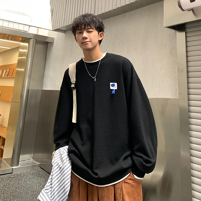 秋冬新款假两件大码男士潮款华夫格长袖拼接圆领套头百搭上衣3001