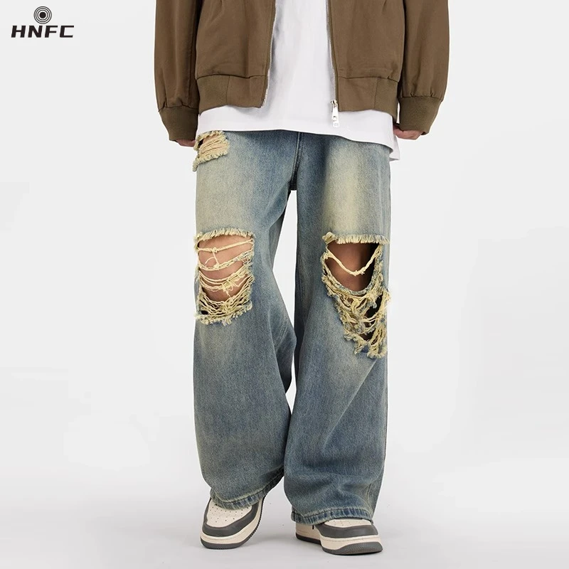2025冬季美式高街破洞牛仔裤阔腿拖地直筒休闲裤潮牌长裤男女7013