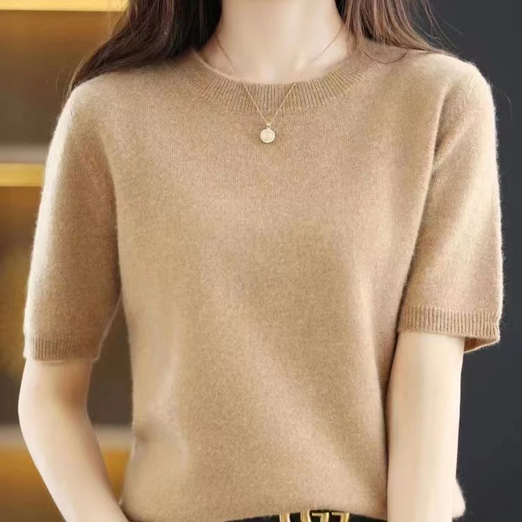 圆领短袖针织打底衫女2024夏季新款气质薄款纯色简约衣毛衣百搭