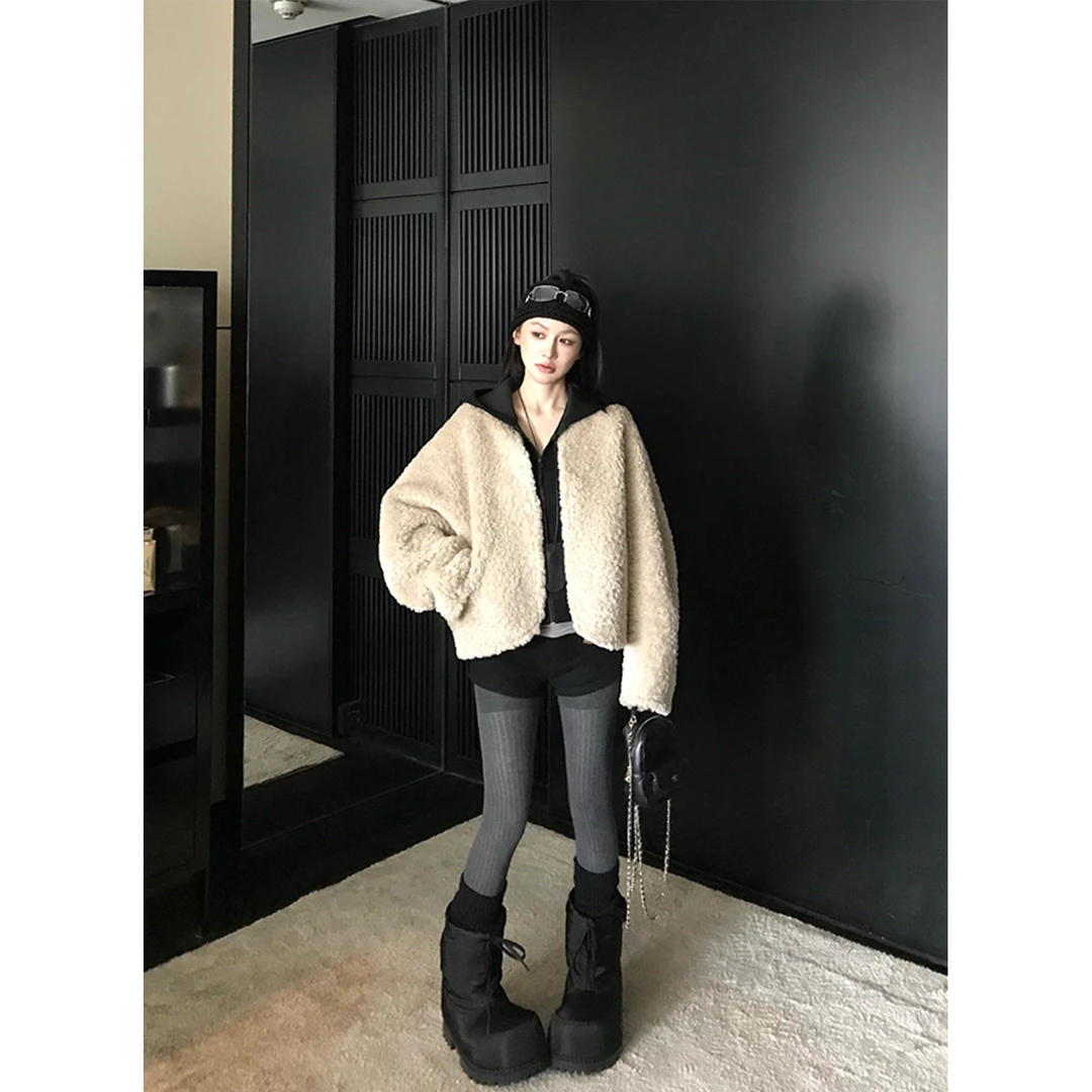 Skk Store 双面颂歌 双面穿皮毛一体外套女冬宽松蝙蝠袖廓形夹克