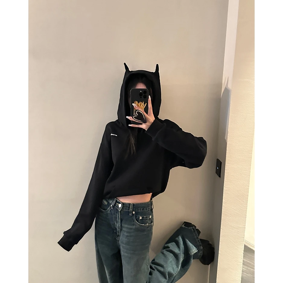 Skk Store暗黑小恶魔jennie同款！简约设计感连帽卫衣女秋
