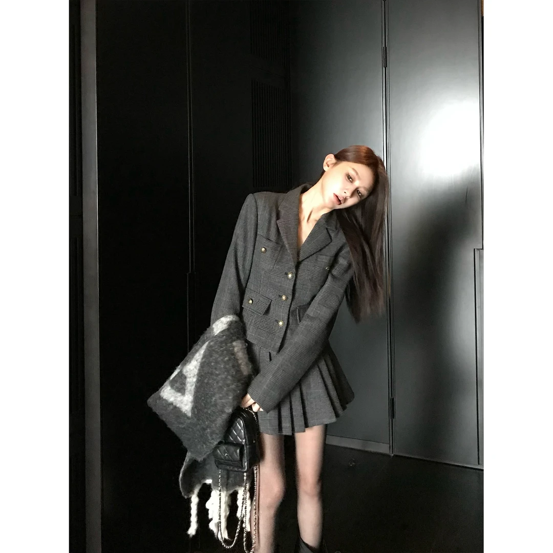Skk Store千鸟格毛呢西装外套百褶A字裙套装女秋