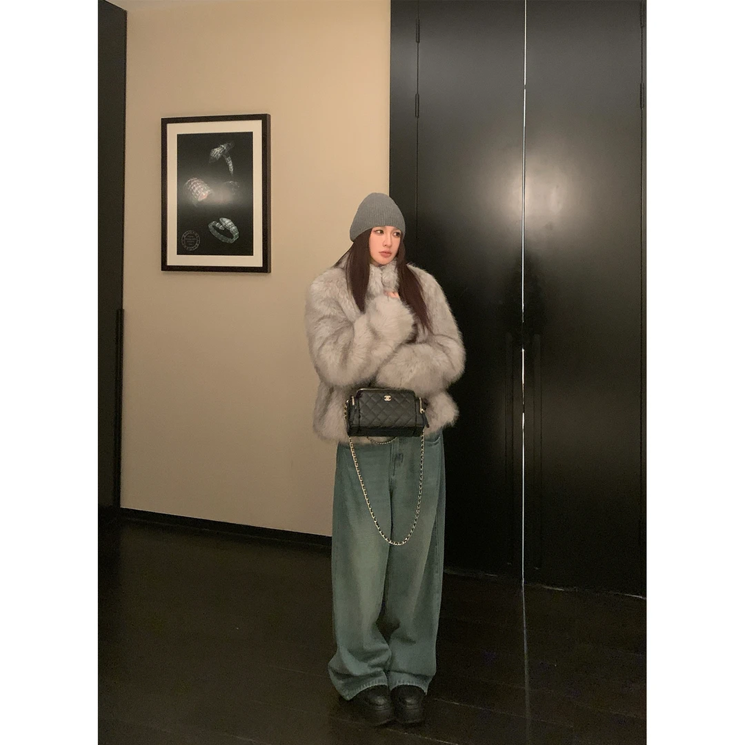 Skk Store 易梦玲同款 环保仿皮草毛毛外套女气质立领保暖大衣冬