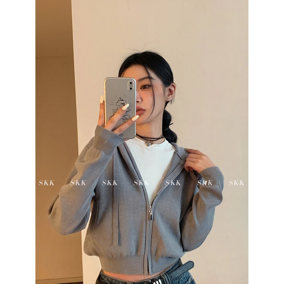 Skk‘休闲主义’百搭辣妹千禧连帽春夏针织衫2023年新款短外套女