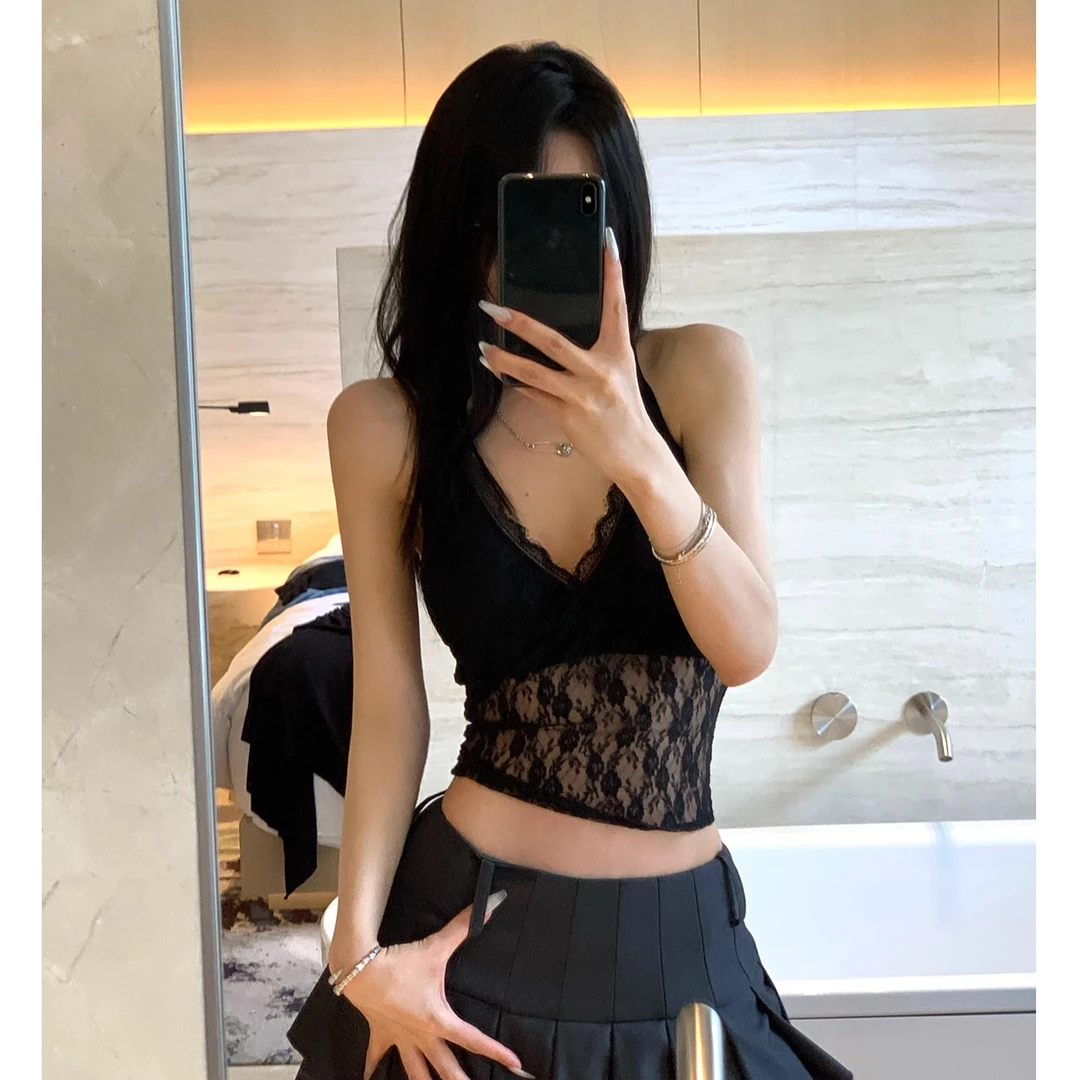 Skk Store微醺朗姆 纯欲性感吊带女V领修身蕾丝带胸垫背心