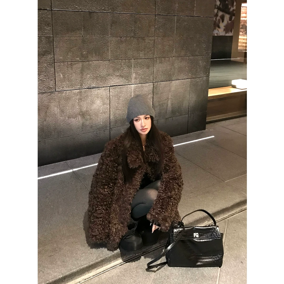 Skk Store 元英托卡 棕色气质环保仿皮草女秋冬毛茸茸羊羔毛外套