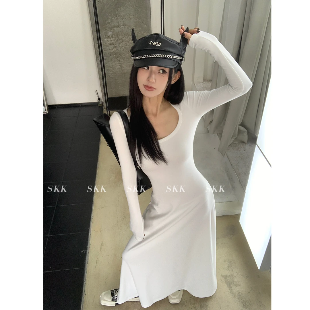 Skk Store 清冷纸片人 辣妹垂坠紧身显瘦长袖长洋装秋女