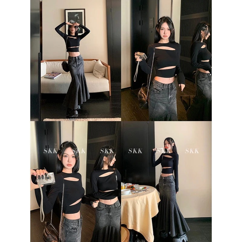 Skk Store 狙心辣妹 早秋新品辣妹风镂空长袖上衣打底T恤女