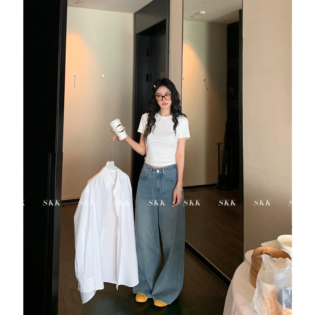 Skk‘穿搭顶流’浅色百搭长裤水洗韩版牛仔裤2023春宽松直筒裤女