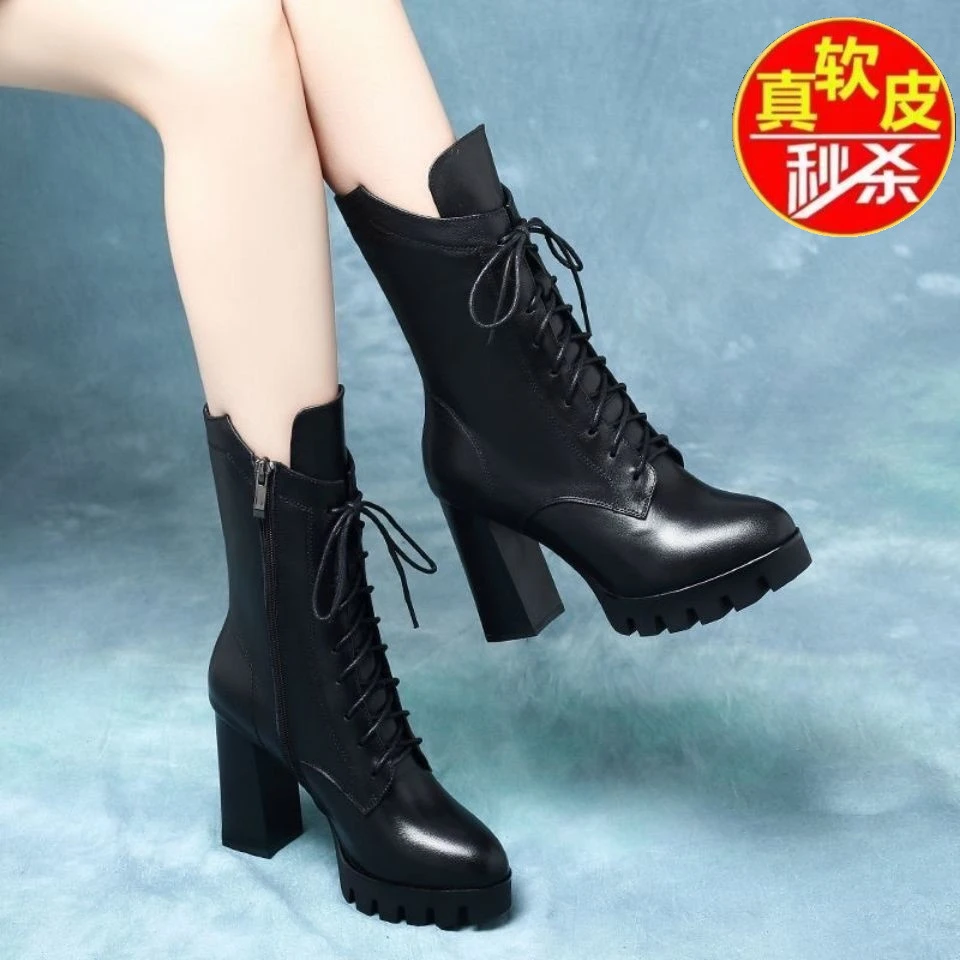 品牌真软皮马丁靴女2024秋冬新款粗跟防水台厚底高跟加绒马丁靴女