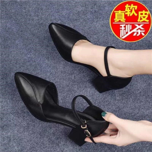 真软皮时装包头凉鞋2025夏季新款一字扣时尚粗跟百搭韩版中空凉鞋