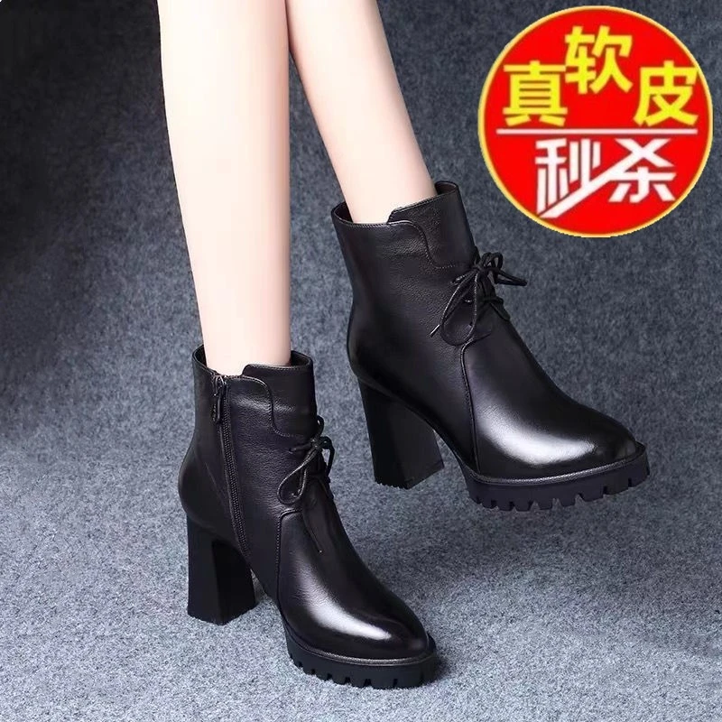 品牌断码真软皮高跟短靴女2025秋冬单靴加绒中筒靴防水台马丁靴女