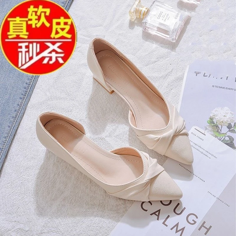 真软皮春秋款晚晚风仙女温柔侧空尖头高跟鞋浅口侧空高跟单鞋女潮
