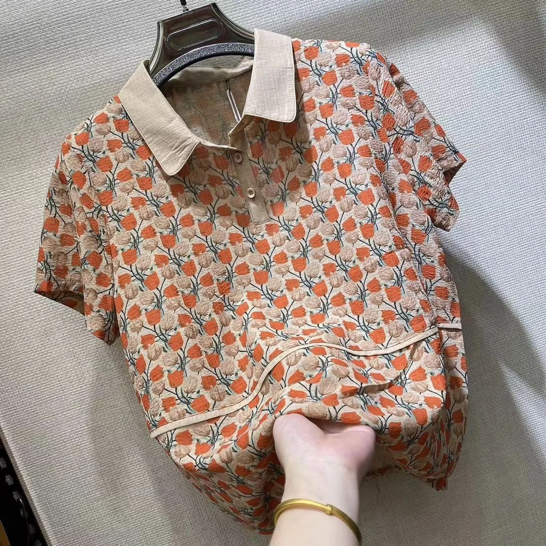 中年妈妈夏装洋气2023新款翻领短袖t恤40岁50中老年女装时尚上衣