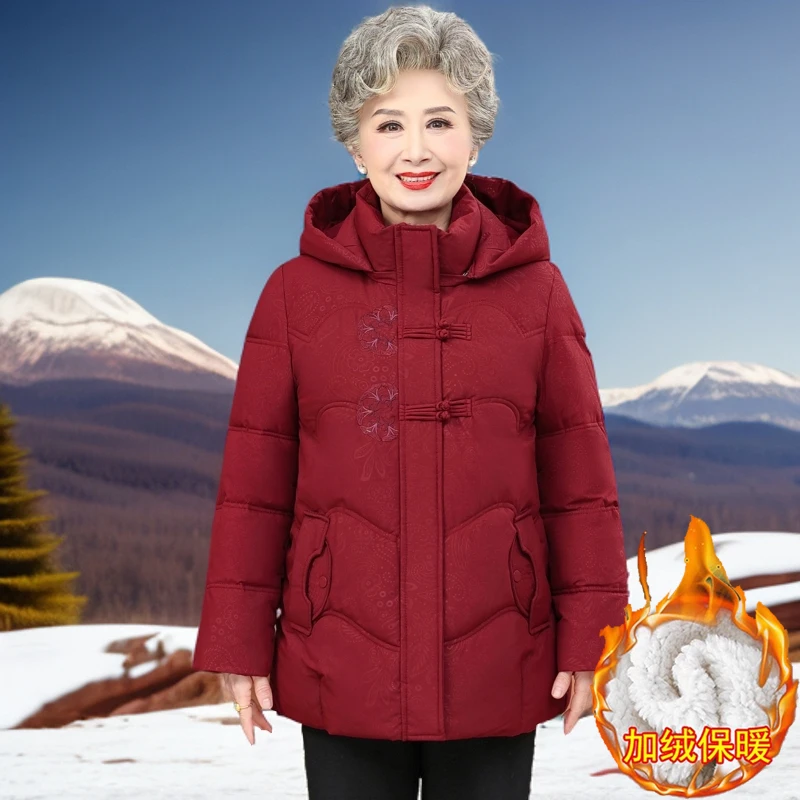 时尚中老年女中长款加厚棉衣休闲气质妈妈装大码连帽棉服老年棉袄