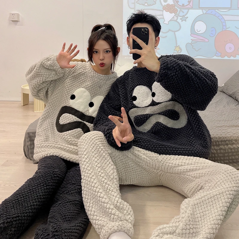 韩版情侣睡衣女加厚珊瑚绒冬季新款保暖加绒卡通法兰绒可爱家居服