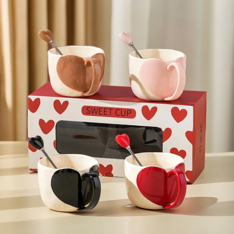 【菲米家居】手绘爱心杯创意爱心把手陶瓷水杯小众情侣对杯高颜值