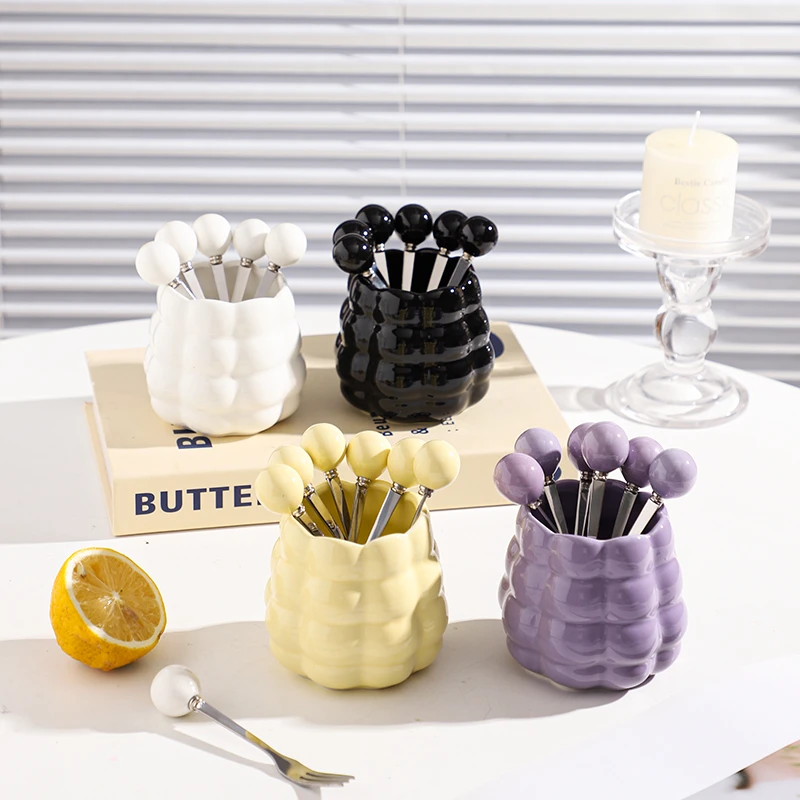 【摩登厨房】轻奢水果叉收纳罐套装家用304不锈钢小叉水果签水果插