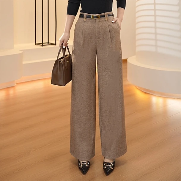 维伦多【绵羊毛暖暖裤】梭织绵羊毛直筒裤女冬高腰垂感休闲裤C1326