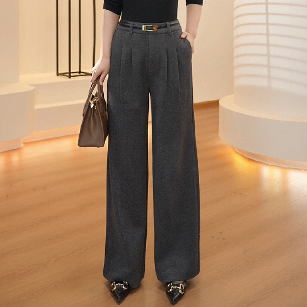 维伦多【】柔软垂顺羊毛直筒裤子女25冬款保暖高腰百搭休闲裤C1336