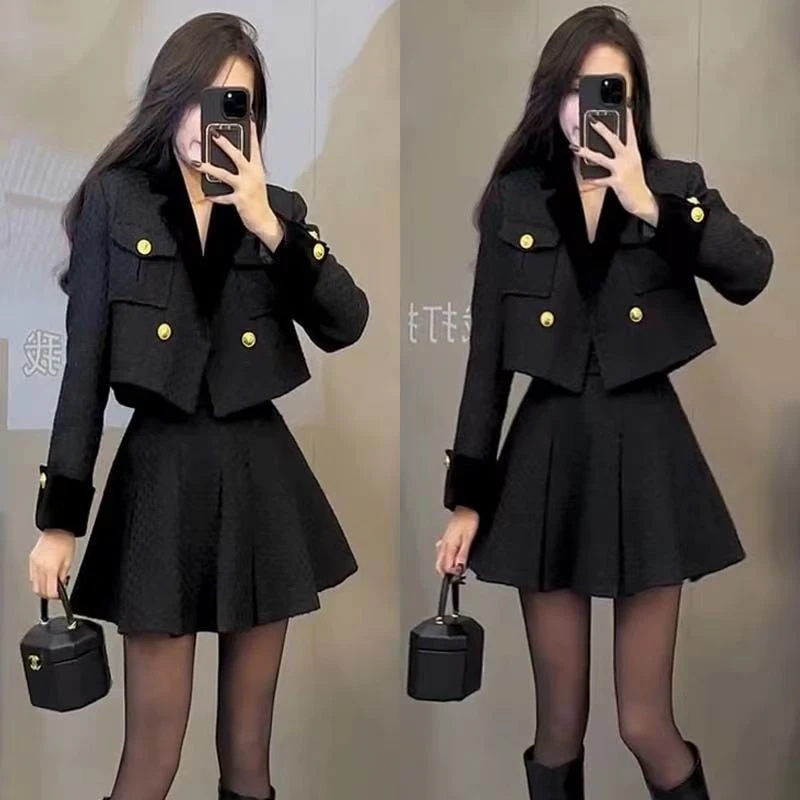 网红洋气新款短款小香风外套高腰套装女秋季爆款时髦百褶裙两件套