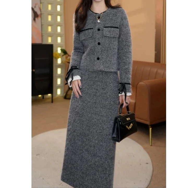 小香风法式2024年秋冬新款时尚气质显瘦加厚外套半身裙两件套套装
