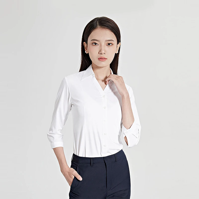 【V领七分袖】有弹力竹纤维白衬衫女面试职业装时尚气质中袖修身衣
