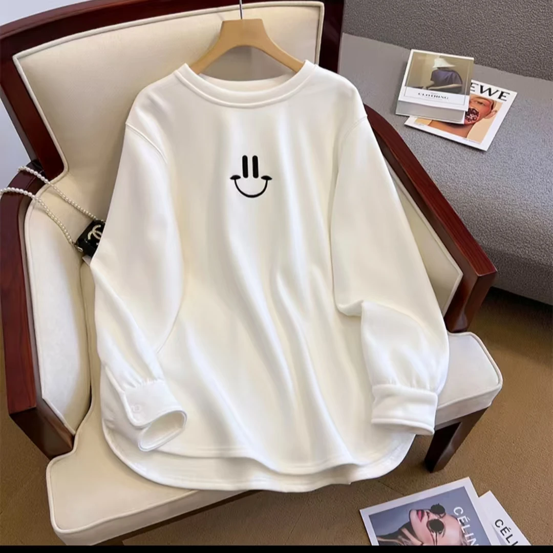 韩系百搭宽松长袖笑脸加绒加厚打底T恤